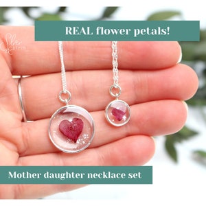 Mother and Daughter necklaces real flower pink red heart petals mothers day gift sterling silver mini me wife Birthday mom jewelry gardener