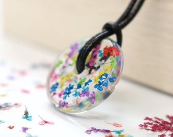 Real flower rainbow confetti necklace pendant gift for her under 20 teen birthday pride Christmas