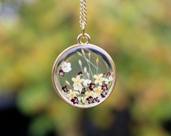 Gold mini meadow harvest necklace pendant real flowers elderflower grasses Christmas gift anniversary present bridal jewelry floral birthday