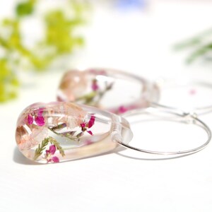 Real Flower Sterling Silver Hoop Earrings: Pink Heather Jewelry