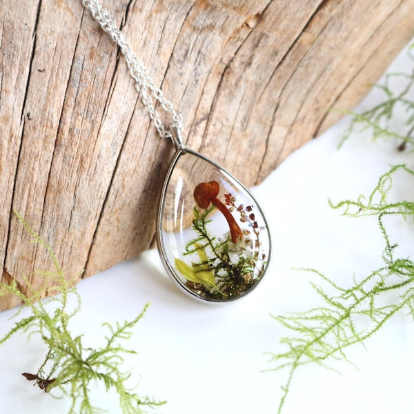 Silver Teardrop Mushroom Necklace: Real Moss & Flower Resin Pendant