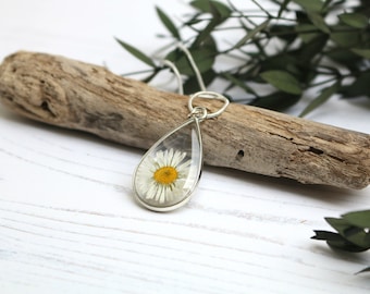 Teardrop necklace silver plated with real daisy flower mothers day valentines gift bridal jewelry jewellery anniversary mum birthday present