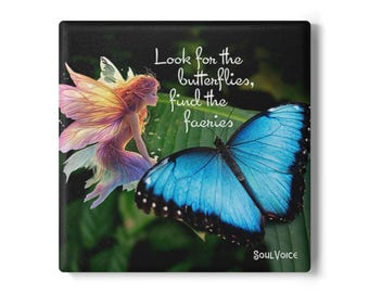 Look for the Butterflies Find the Faeries Ceramic Coaster | Fairy Blue Butterfly Art