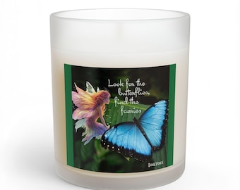 Blue Butterfly and Fairy Glass Candle | 11oz Candle, Inspirational Nature Art