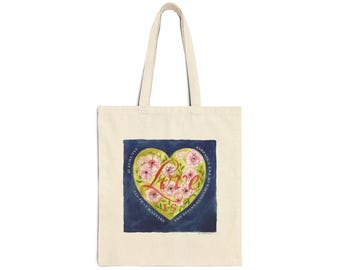 Floral Heart Painting Tote Bag | Canvas Bloom Heart Art