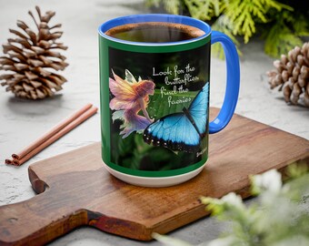 Blue Butterfly and Flower Mug | Inspirational Quote Coffee Mug