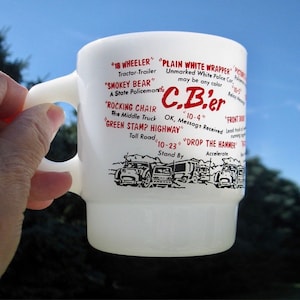 FIRE KING C.B&#39;er mug -CB mug -Turck Driver lingo -8 oz -1970s -vtg coffee cup -vibrant color -glossy milk glass -Anchor Hocking -preowned