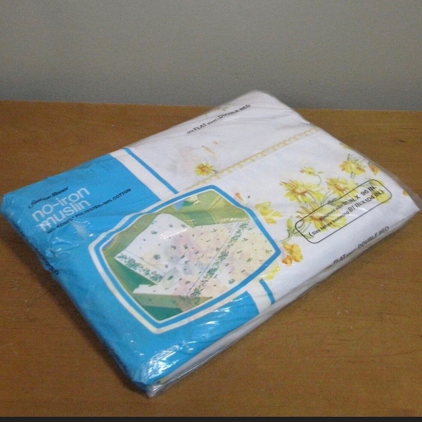 NOS Full Size FLAT sheet -JC Penney Fashion Manor -Yellow floral- muslin-sealed- cotton polyester -1960s / 70s-unopened -craft - quilt back