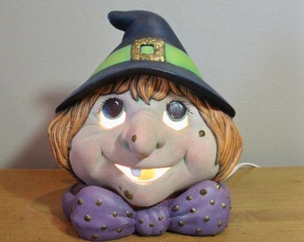 Ceramic LIGHT UP witch-vintage Halloween -10 1/2 " tall -witch figurine -WORKS - with light cord and bulb included - retro Halloween novelty