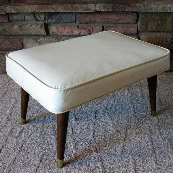 Large Vinyl FOOTSTOOL - retro hassock- mid century -off white- cream - ivory -vintage- Ottoman- wood legs -brass feet -padded stool- mad men