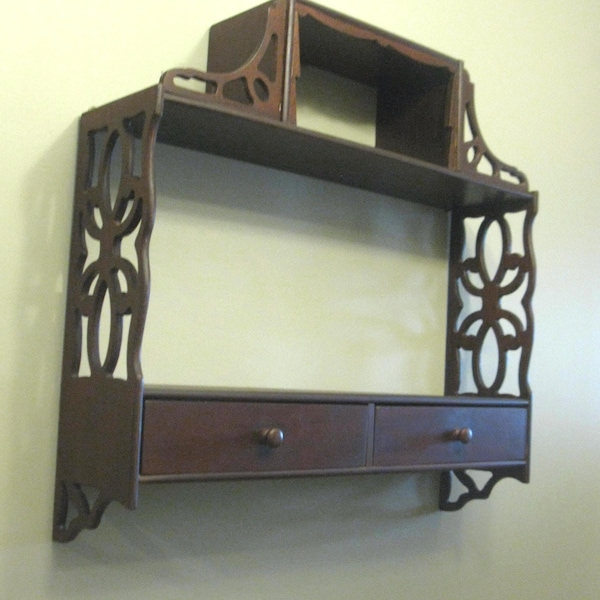 Vtg Chippendale -style mahogany 3-Tiered Wooden Wall Shelf -fretwork side panels- 2 small base drawers -knick knack wall curio -23"H- 1940s