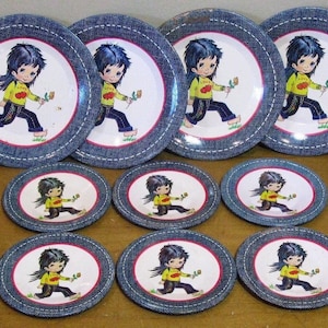 Rare 1970s 10-piece Hippie Love Big eyed Flower Girl Metal play dish set- 4 plates -6 saucers -retro - child dish set -toy dishes -denim