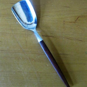 May include: A stainless steel spoon with a rectangular bowl and a dark brown wooden handle. The spoon is designed for serving and has a modern, minimalist aesthetic. The spoon is approximately 8 inches long.