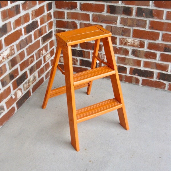 Vintage wooden step ladder -folding ladder- painted bright ORANGE- plant stand -wood step ladder- photo prop- porch decor -farmhouse