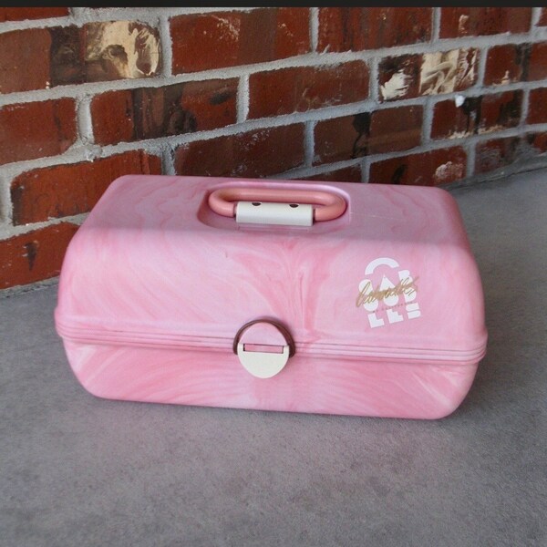 1980s CABOODLES storage case- Bubblegum PINK -w/ trays and mirror -marbled swirl design -cosmetics makeup- jewelry- sewing box- crafts