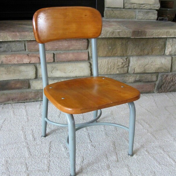 HEYWOOD WAKEFIELD  Wood School Chair- mid century -small -metal base- Nursery school - preschool chair - kids chair - industrial child chair