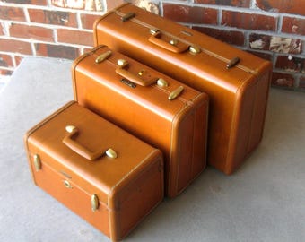Set of 3 Samsonite Suitcases - Chestnut Brown- Shwayder Bros- retro luggage- vintage suitcase- mid century- luggage set- stacking- 1950's