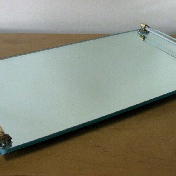 X LARGE mid century mirrored vanity tray - 16" x 9" -lucite rails with brass -art deco -beveled mirror tray -jewelry tray -perfume tray