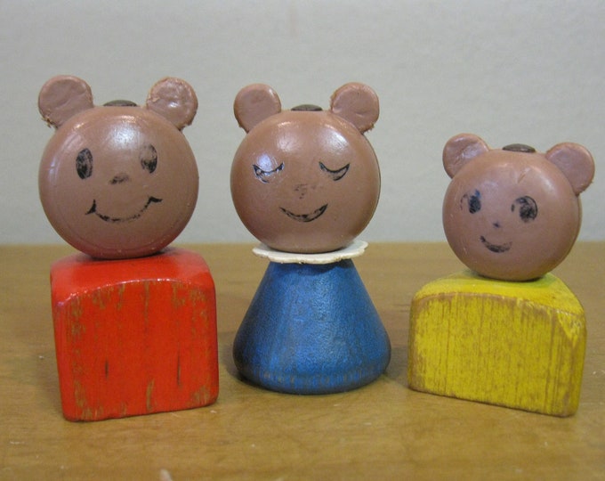 1967 Fisher Price THREE BEARS WOOD Little People papa Mama Baby Bear