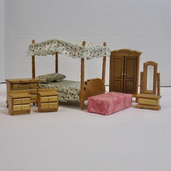 Vintage DOLLHOUSE Furniture -7 piece -BEDROOM set-wood furniture -canopy bed -dresser w/mirror-armoire -2 night stands -covered bench -doll