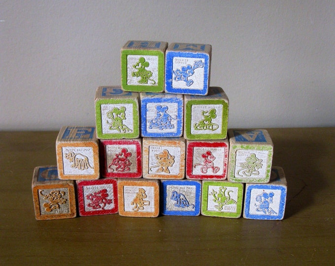 Set of 16 DISNEY Wood Blocks alphabet Blocks Mickey Mouse Etsy