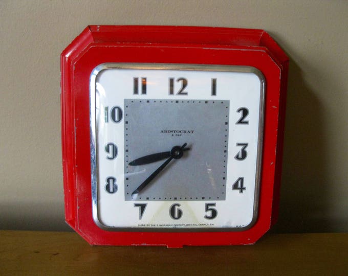 Mid Century Ingraham Wall Clock aristocrat 8 Day Red Metal Clock Art