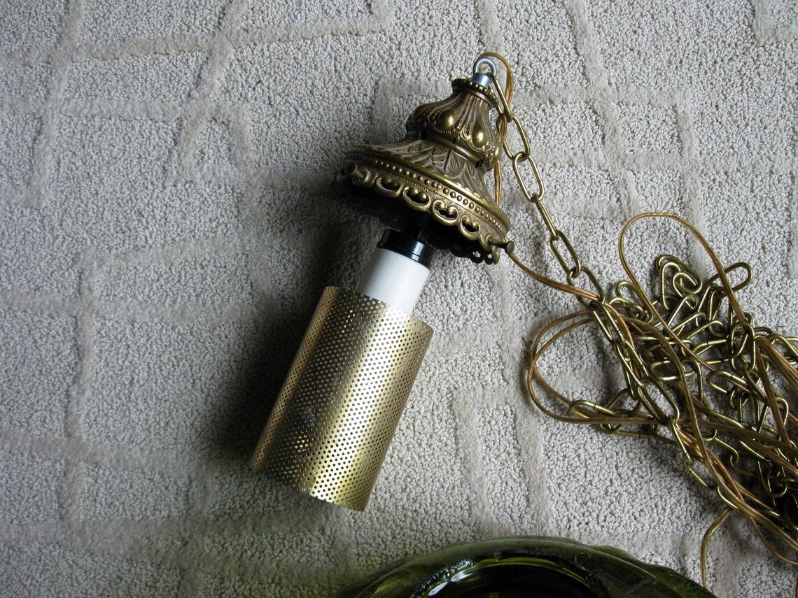 1970s swag lamp green crackle finish glass mid century Etsy