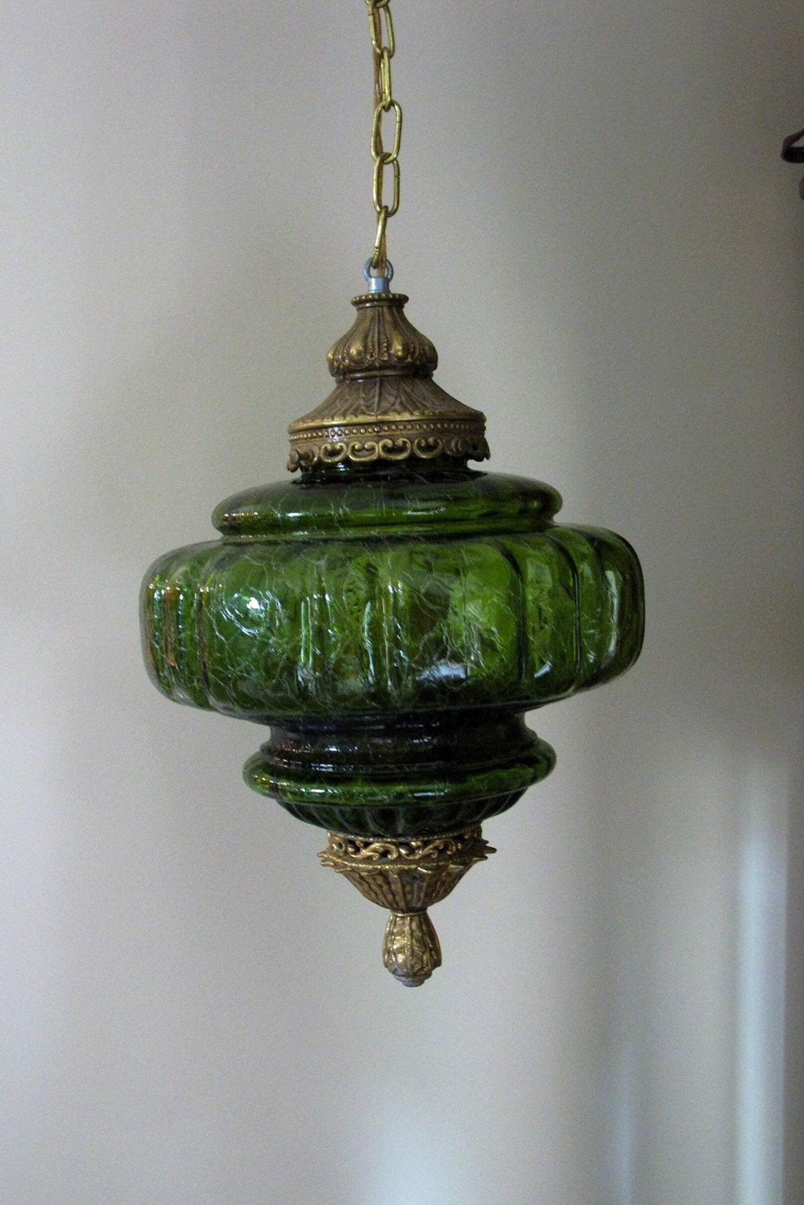 1970s swag lamp green crackle finish glass mid century Etsy
