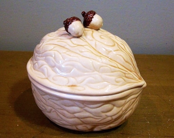 Ceramic Walnut Nut dish -signed -with ceramic acorns & leaves -pottery nut bowl -retro nut bowl -2-piece snack - holiday candy bowl