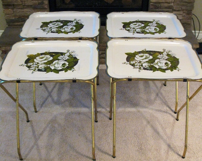 Set of 4 Metal TV Trays With Stand Shabby Chic White and Green flower