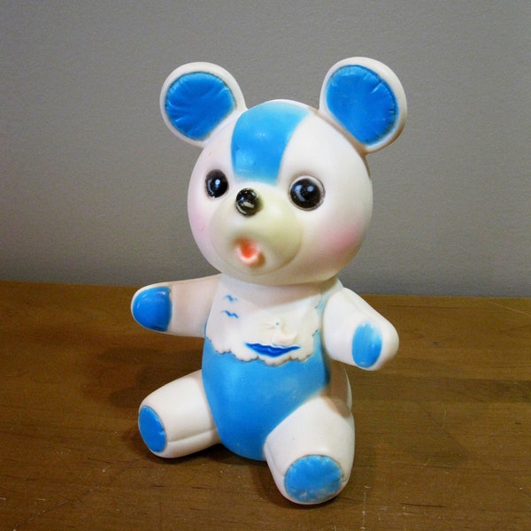 Rubber squeeze toy -1950s- BABY BLUE BEAR - 8" -rubber squeak toy- Sanitoy Inc -collectible -nursery decor -kitsch -works