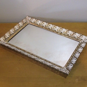 XL mirrored vanity tray- white washed gold filigree- perfume tray- picture frame -wall mirror -15" x 10"- bronze filigree floral scrolls