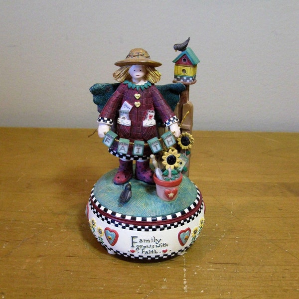 DEBBIE MUMM Guardians of the Heart music box collection -FAITH resin-plays " You Light Up My Life" - working condition -numbered - folk art