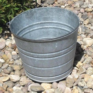 May include: A galvanized metal bucket with a rounded rim and two small handles. The bucket has horizontal ridges around the body and sits on a bed of small rocks. The bucket is silver in color.