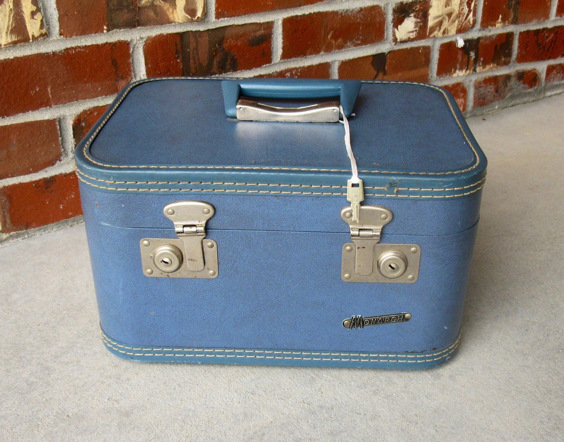 Vintage train case cosmetic case MONARCH mottled blue with Etsy