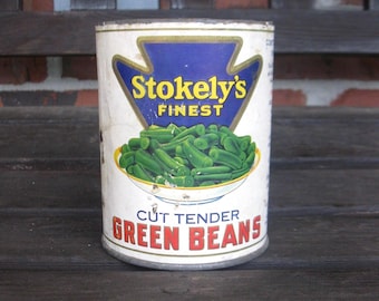 1940s/50s STOKELY'S Green Beans can -1 lb 3 oz -vintage vegetable tin -Stokely Bros -Indianapolis IND -succulent planter -kitchen decor