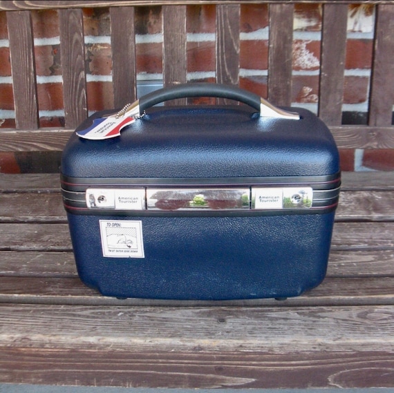 Vtg Navy BLUE American Tourister train case cosmetic case with luggage tag mirror carry on retro make up case wedding preowned Etsy
