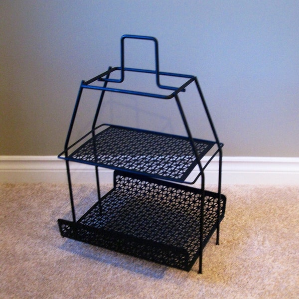 Mid Century 2 Tier Black Metal Mesh Stand-Plant-Magazine-Telephone Stand- Smoking Stand- Bathroom-  Retro Living Room- End Table-1950's