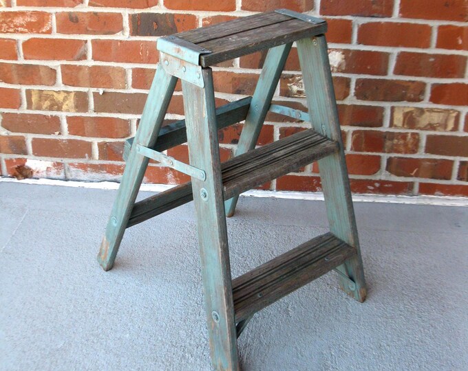 Shabby Wooden Step Ladder -folding Ladder- Chippy Blue Paint- Plant ...