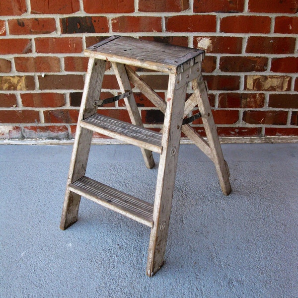 SHABBY wooden step ladder -whitewashed -folding ladder -plant stand- primitive -distressed -photo prop -wood step ladder- porch -farmhouse