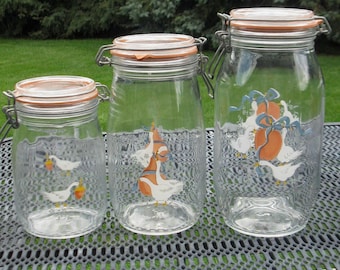Arc France glass canister set GOOSE motif -set of 3-wire bail clamp lid rubber gasket - 1L- 1.5L -2L country goose -ducks- preowned