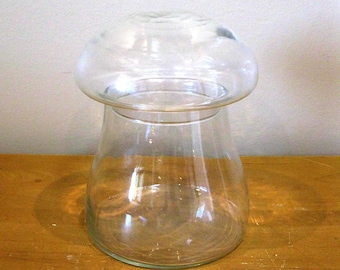 MUSHROOM shaped TERRARIUM lidded glass jar- 7" H x 5" W - 1970s terrarium -fairy garden -apothecary- preowned