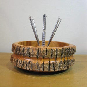 Vintage XL Nut Dish Ellwood Rusticware Tree Trunk Nutcracker & 6 Picks -log dish -live edge nut bowl 1950s/60s nut server retro bar preowned