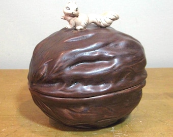 Ceramic Walnut Nut dish molded with ceramic squirrel -1970s Arnel's pottery nut bowl -retro nut bowl -2-piece snack -candy bowl- mid century
