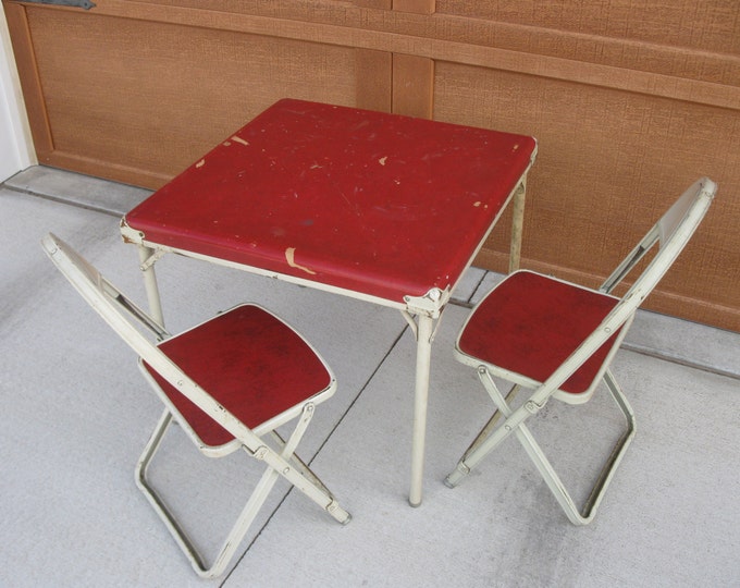 Mid Century Childs Card Table and Chairs Folding Chairs Metal Red Vinyl