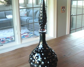 Vtg Empoli amethyst /black glass genie decanter -17"- hobnail texture- mid century modern -decorative purple liquor decanter -preowned