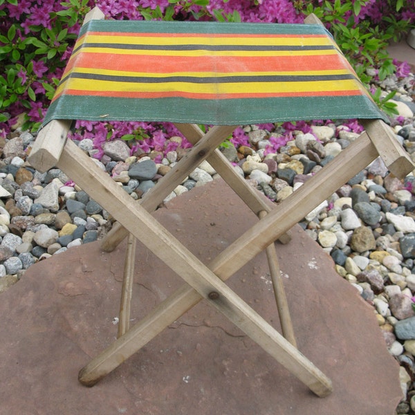 Vintage Wooden Folding Stool-Fishing-Camping- Beach Stool- wood stool- photo prop- cabin- retro stool-mid century- man cave-1950s