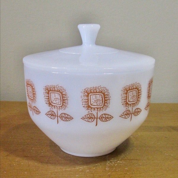 Vtg FEDERAL Grease jar / pot - brown SUNFLOWER design- milk glass -covered bowl /dish- 1.5 qt -1950s kitsch kitchen- Fire King -preowned