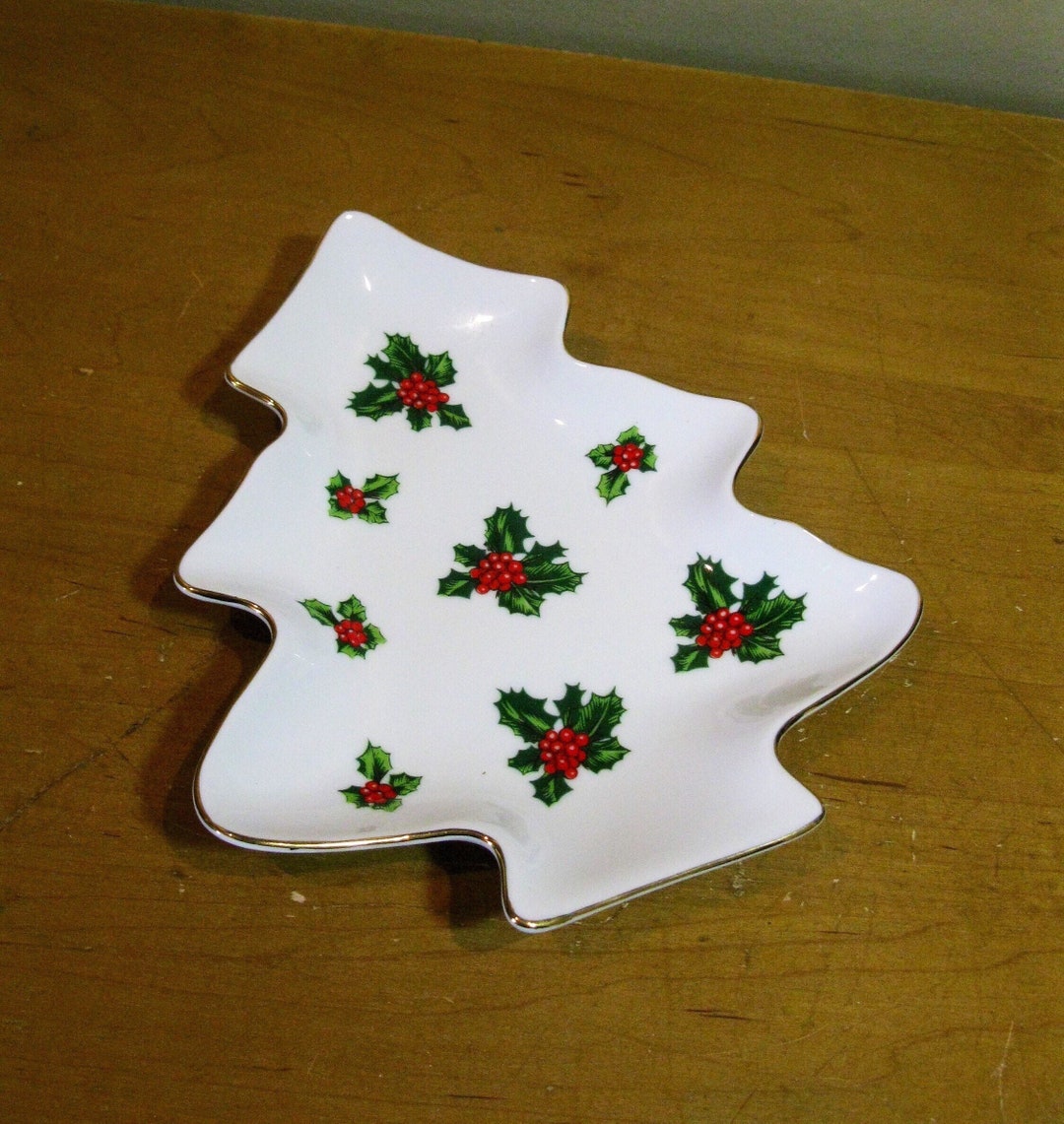 LEFTON Christmas Tree Shaped Plate 4839 holly Berries Etsy