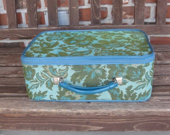 1960s blue/ green floral tapestry suitcase- overnight case- carry on-going to Grandmas case- work tote-child suitcase-retro luggage